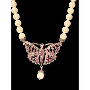 Madame Butterfly Pendant Pearl Necklace With Pink Rhinestones & Gold Accents